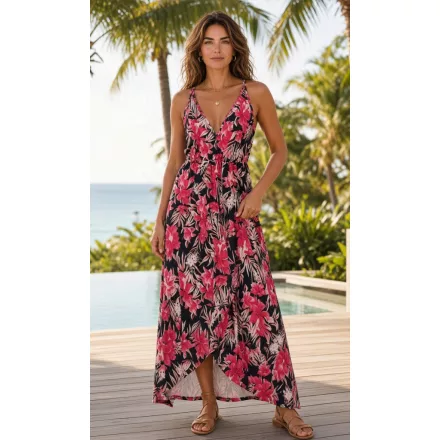 Női XL-es fekete-pink virágos rafinált nyári overall, playsuit - Shein