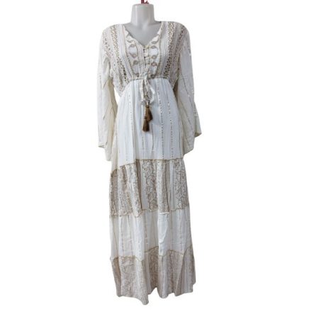 Női nagyméretű fehér maxiruha arany szálakkal hímzeve - Boho Fashion - ÚJ