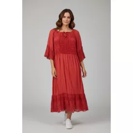   Női piros csipkebetétes hosszú ruha, maxiruha, strandruha, one size - Italy Moda - ÚJ