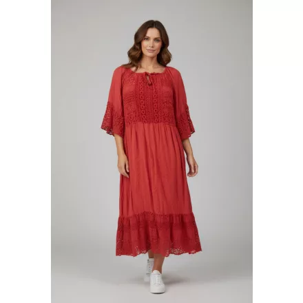 Női piros csipkebetétes hosszú ruha, maxiruha, strandruha, one size - Italy Moda - ÚJ