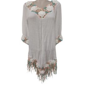   Női fehér horgolt betétes rojtos aljú blúz, strandruha, tunika, one size - ÚJ