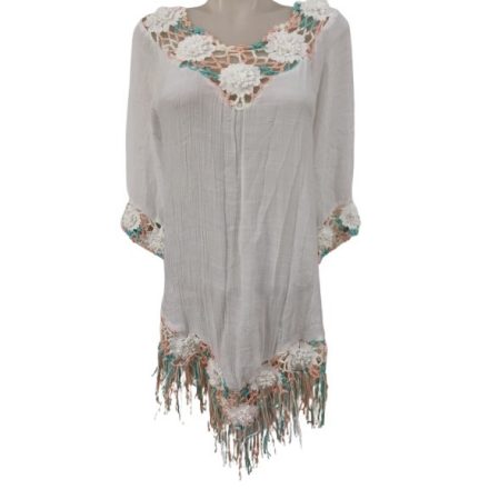 Női fehér horgolt betétes rojtos aljú blúz, strandruha, tunika, one size - ÚJ