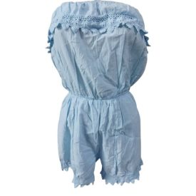 Női L-es kék fodros-csipkés playsuit, nyári overall