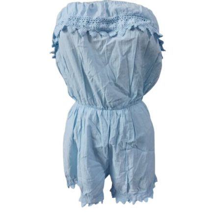 Női L-es kék fodros-csipkés playsuit, nyári overall