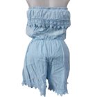 Női L-es kék fodros-csipkés playsuit, nyári overall