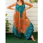 Női 1XL-es narancs-türkiz bohém mintás nyári overall, playsuit - ÚJ