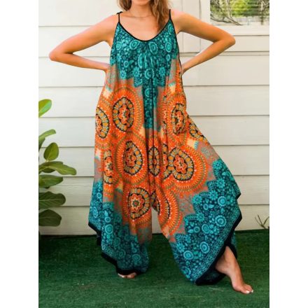 Női 1XL-es narancs-türkiz bohém mintás nyári overall, playsuit - ÚJ