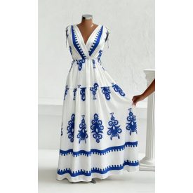   Női L-es fehér-kék lenes népviselet, népi motívumos maxiruha - ÚJ