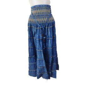   Női sötétkék, drapp cérnával hímzett derekú farmerhatású puha laza nyári hosszú szoknya, maxiszoknya - ÚJ