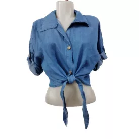   Női egy méretes puha farmer hason kötős top, középkék - Made in Italy - ÚJ