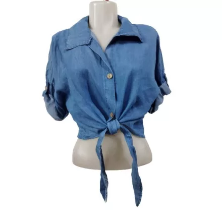 Női egy méretes puha farmer hason kötős top, középkék - Made in Italy - ÚJ