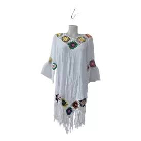   Női fehér horgolt betétes, rojtos aljú blúz, strandruha, tunika, one size - ÚJ