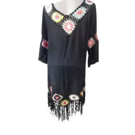   Női fekete horgolt betétes, rojtos aljú blúz, strandruha, tunika, one size - ÚJ
