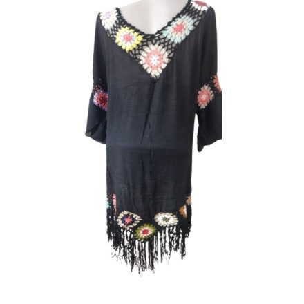 Női fekete horgolt betétes, rojtos aljú blúz, strandruha, tunika, one size - ÚJ