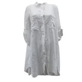   Női nagyméretű zsebes hosszított lenes, géz fehér nyári blúz, felső one size - New Collection - ÚJ