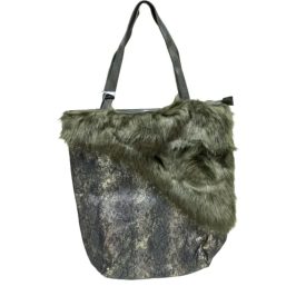   Khaki nagyméretű szőrmerátétes pakolós műbőr női kézitáska, táska, ridikül - ÚJ
