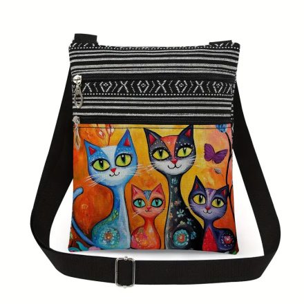 Női 4 cicás, macskás crossbody táska, kis vászon válltáska, 20x25 cm - ÚJ 