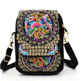   Női hímzett crossbody táska, kis vászon válltáska, stílusos cipzáras telefontáska 20x15 cm - ÚJ 