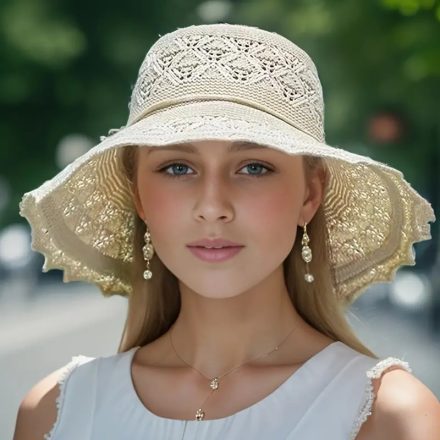 58-59 cm-es fejre drapp nyári csipke kalap - ÚJ