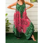 Női 1XL-es zöld-pink bohém mintás nyári overall, playsuit - ÚJ