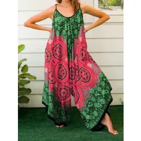   Női 1XL-es zöld-pink bohém mintás nyári overall, playsuit - ÚJ