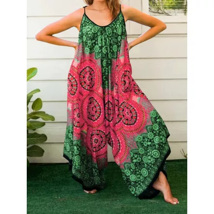 Női 1XL-es zöld-pink bohém mintás nyári overall, playsuit - ÚJ