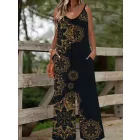 Női 2XL-es fekete mandalamintás pántos nyári overall, playsuit - ÚJ