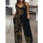 Női 4XL-es fekete mandalamintás pántos nyári overall, playsuit - ÚJ