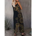Női 6XL-es fekete mandalamintás pántos nyári overall, playsuit - ÚJ