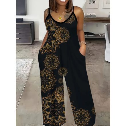 Női fekete mandalamintás pántos nyári overall, playsuit - ÚJ
