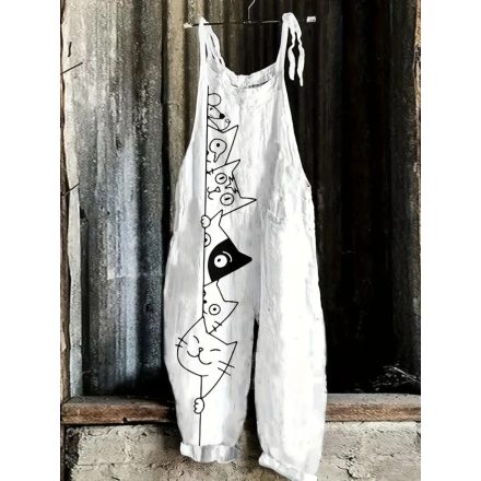 Női fehér cicás, macskás nyári overall, playsuit - ÚJ