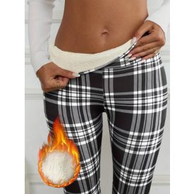 Női fekete-fehér kockás meleg, bélelt leggings - ÚJ