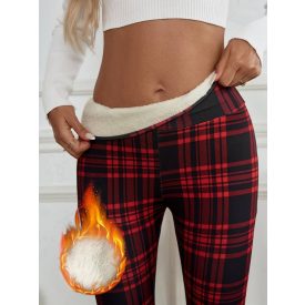 Női bordó kockás kockás meleg, bélelt leggings - ÚJ