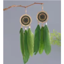 Zöld tollas bohém fülbevaló - ÚJ