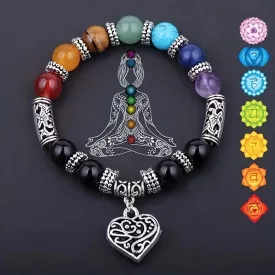   7 csakra színű gyöngyös karkötő ezüst dísszel - Yoga - ÚJ