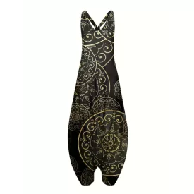   Női XL-es fekete-arany mandalamintás hárem nyári overall, playsuit - ÚJ