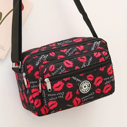 Fekete-piros rúzsnyomos, ajkas gyöngyvászon oldaltáska, női táska, crossbody - ÚJ