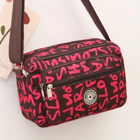   Barna-piros feliratos gyöngyvászon oldaltáska, női táska, crossbody - ÚJ