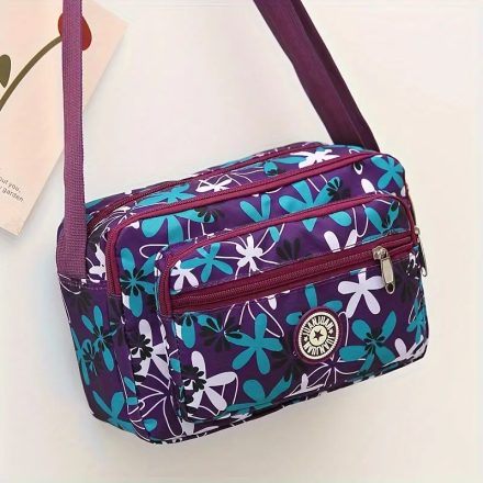 Lila virágos gyöngyvászon oldaltáska, női táska, crossbody - ÚJ