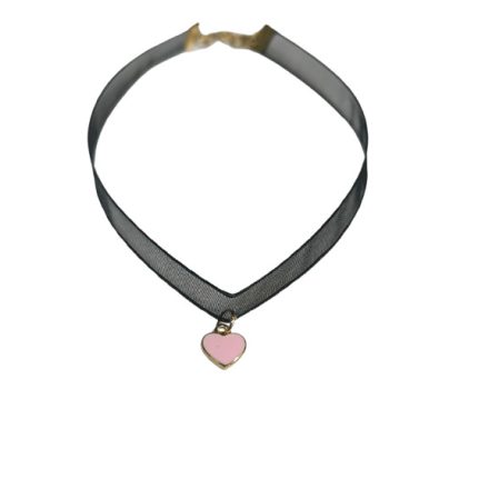 Fekete szetén nyaklánc kis rózsaszín szívvel, choker nyaklánc - ÚJ