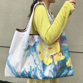   Nagyméretű festményes összehajtható füles bevásárlótáska, szatyor, virágos - ÚJ 