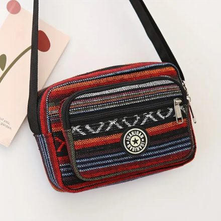 Nepáli szövet oldaltáska, női táska, crossbody, bordó-fekete csíkos - ÚJ