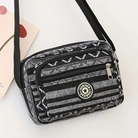 Nepáli szövet oldaltáska, női táska, crossbody, szürke-fekete csíkos - ÚJ