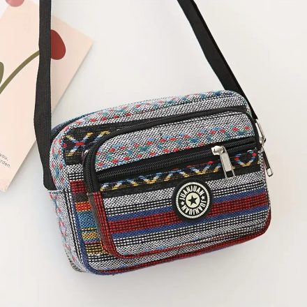 Nepáli szövet oldaltáska, női táska, crossbody, szürke-bordó csíkos - ÚJ