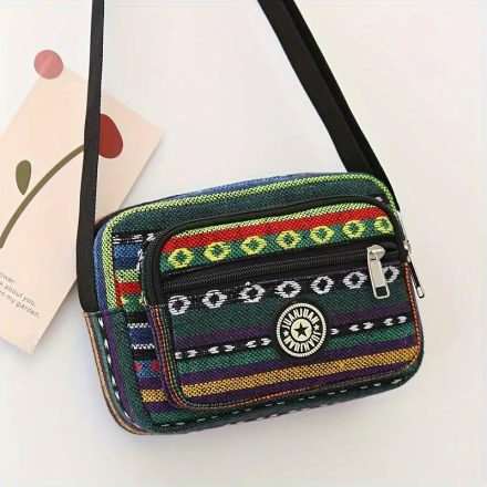 Nepáli szövet oldaltáska, női táska, crossbody, zöld csíkos - ÚJ