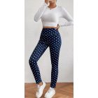 Női kék pöttyös feliratos meleg, szőrmével bélelt leggings - ÚJ