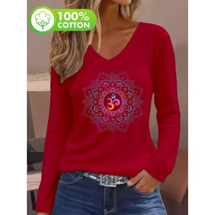 Női XL-es piros mandalás pamutfelső - ÚJ