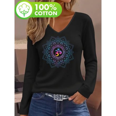 Női fekete mandalás pamutfelső - ÚJ