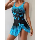 Női XL-es fekete-kék lepkés, pillangós tankini - ÚJ