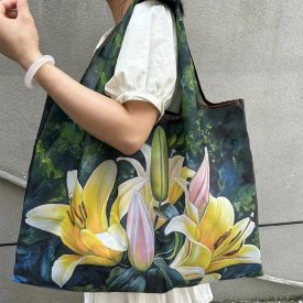   Nagyméretű összehajtható füles bevásárlótáska, szatyor - Liliomok - ÚJ 